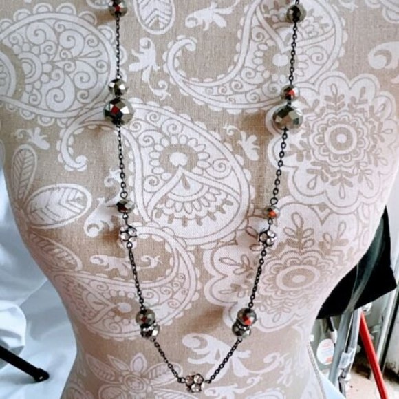 35” Black Chain Ab Black stones w Rhinestone Ball Faceted Beads Long Necklace - Picture 7 of 11